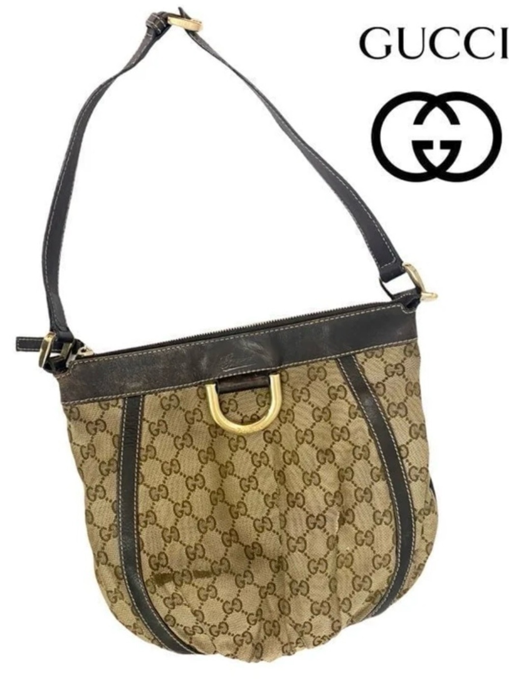 Gucci Tan GG Canvas Shoulder Bag with Dark Brown Trim and Gold Hardware